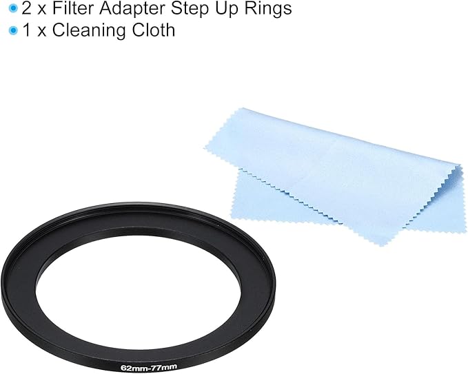 PATIKIL 62mm-77mm Metal Step Up Ring with Cleaning Cloth, 2 Pack Camera Lens Filter Adapter Ring Aluminum Filter Adapter Ring for Camera Lenses Hood, Black