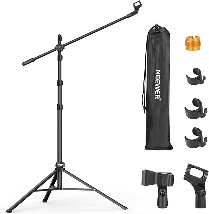 NEEWER Mic Stand Floor, Microphone Tripod with Boom Arm, Heavy Duty Adjustable Stand & Arm with 2 Mic Holder Clamps, 3 Cable Clips, Bag, 3/8" to 5/8" Adapter for Singing Podcast Recording, MS046