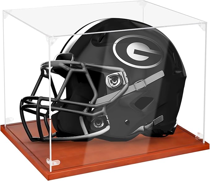 Hooqict Football Helmet Display Case Acrylic Clear with Solid Wood Base UV Protected Full Size Football Helmet Case Display Holder Stand for Hockey Baseball Motorcycle Sports Collections