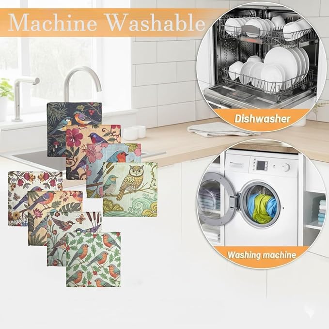 8-Pack Ultra-Fine Microfiber Kitchen Towels, 7-Inch Square with 8 Clips & Multiple Patterns – Soft, Absorbent, Reusable Cleaning Cloths (Birds)