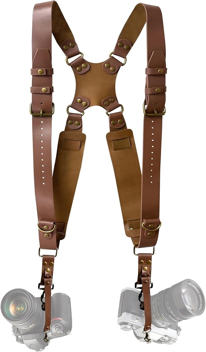 Double Camera Strap, Shoulder Camera Strap Harness Leather Dual Camera Strap for Two DSLR/SLR Cameras, Adjustable