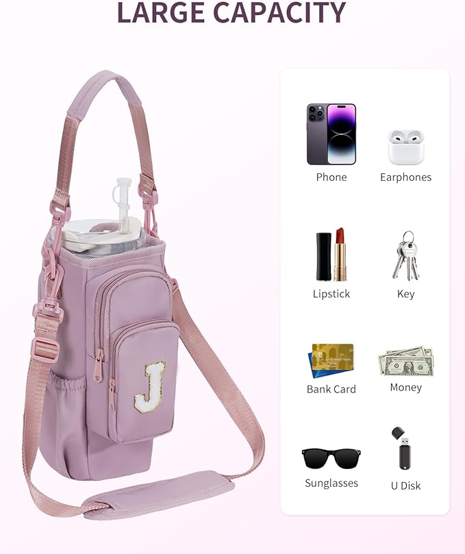 sportsnew Birthday Gifts for Women Personalized Initial Water Bottle Holder with Strap fits most 40oz Tumbler with Handle Water Bottle Carrier Bag with Phone Pocket & Straw Topper Tumbler Accessories