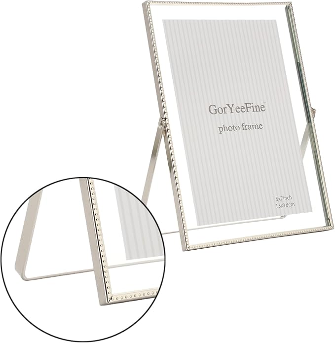 Silver 4x 6'' Double Hinged Floating Frame, For Photo Sizes (2x3'' 3.5x 5'' up to 4x6'' ), Beautiful Metal Lace Edge Frames Adjustable Tabletop/Shelf Photo Frame, Classy Gift Choice for Wedding,