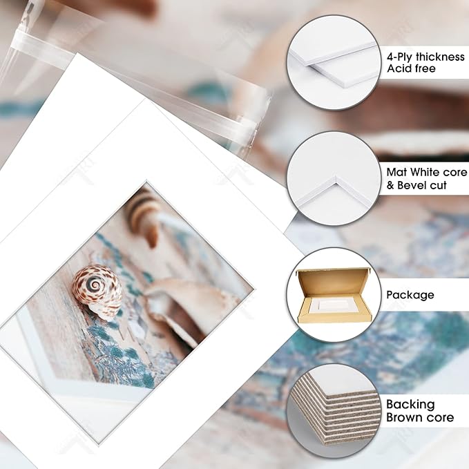 Golden State Art, Acid Free, Pack of 5, 8x10 White Picture Mats Mattes with White Core Bevel Cut for 5x7 Photo + Backing + Bags