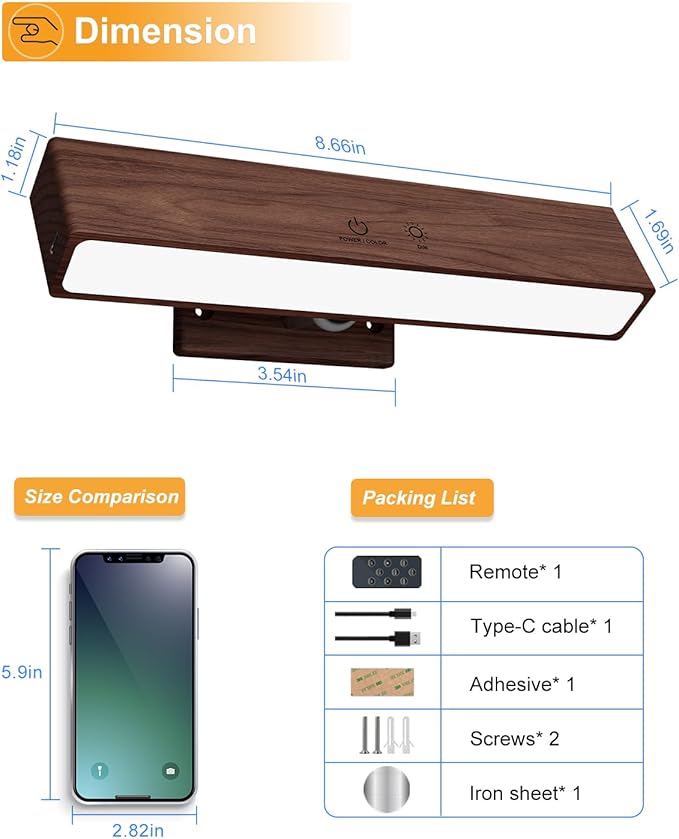 Rechargeable Wood Wall Sconce with Remote & Touch, 5200mAh Battery Operated Wall Lights 3 Color Temperatures & RGB. Magnetic, Stick-On, Dimmable Wall Reading Lamp for Bedroom, Living Room, Picture
