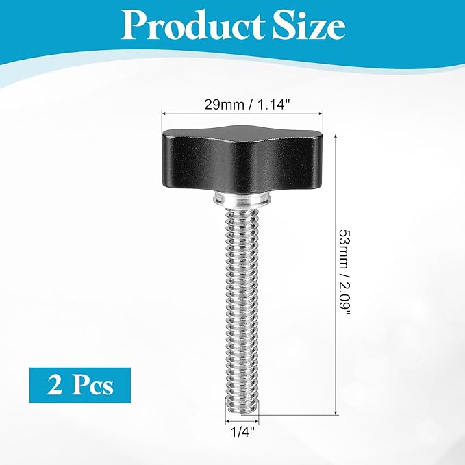 PATIKIL Clamping Screw Knob 1/4" x 2.13", 2Pcs Aluminum Alloy t Shaped Camera Thumb Screws for DSLR Flash Bracket Light Stand Adapter Action Sports Camera Mounting System, Black