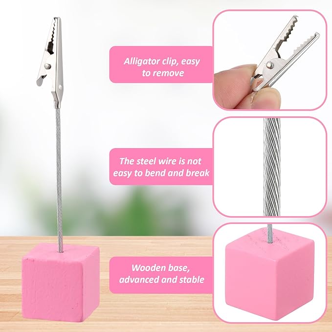 Gersoniel 20 Pcs Cube Base Memo Clip Holder with Alligator Clip Wood Table Number Holder Cube Base Place Card Stand Mini Photo Menu Stand for Displaying Number Card (Pink)