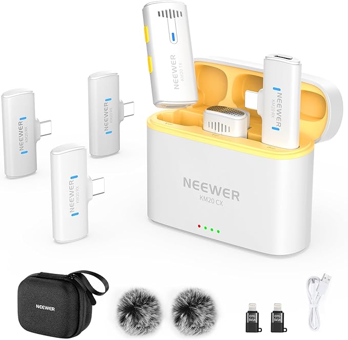 NEEWER Wireless Lavalier Microphone System for iPhone, Mini Clip on Lapel Mic Set with 2 USB C Transmitters/4 Receivers/OTG Adapter Compatible with iPhone Android Phone Computer Tablet, White, KM20