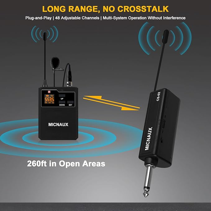 Wireless Lapel Microphone System with Headset & Lavalier Mics, Dual Bodypack Transmitters, Mini Rechargeable Receiver, 48 Channels in 500MHz UHF Band, 260ft Range for Wedding Speech Church