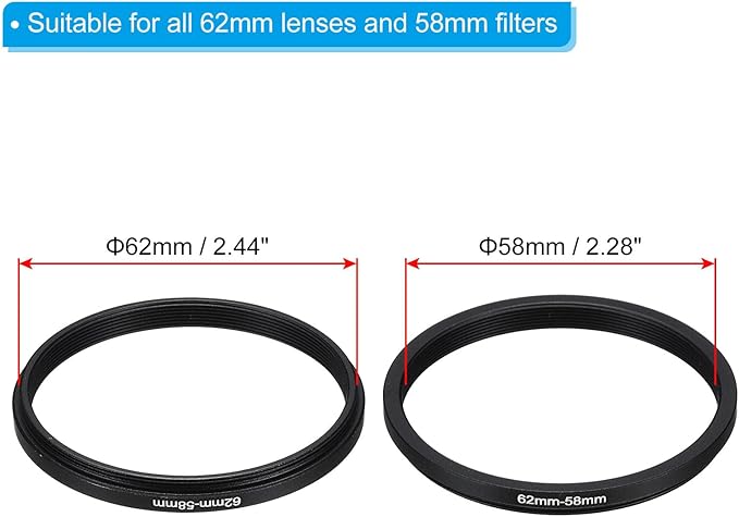 PATIKIL 62mm-58mm Metal Step Down Ring with Cleaning Cloth, 2 Pack Camera Lens Filter Adapter Ring Aluminum Filter Adapter Ring for Camera Lenses Hood, Black