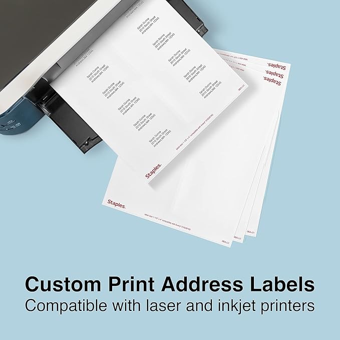Staples 1-1/3" x 4" Address Labels, White – Printable Laser & Inkjet Mailing Labels, 14 Labels per Sheet