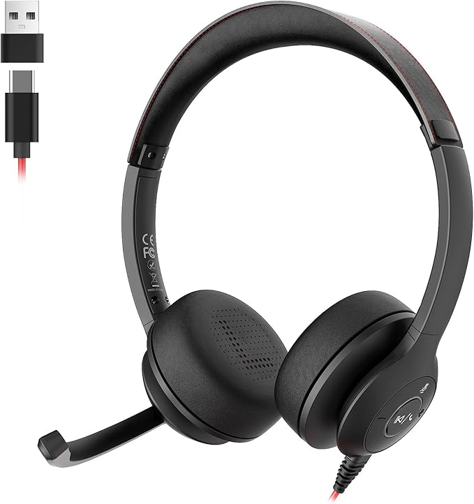 USB Headset with Microphone for PC/Laptop, Wired Headphones with Noise Cancelling Mic, USB C & USB A, All-day Comfort, Lightweight Computer Headset for Home Office, Call Center, School, Remote Work
