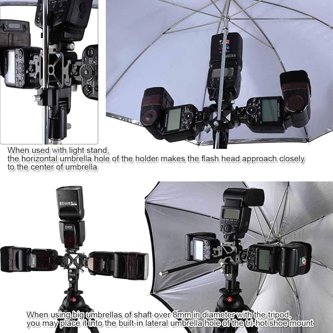 Universal 3-in-1 Tri-Hot Shoe Mount Flash Bracket Holder with 2 Umbrella Hole for Light Stand Camera Tripod Reflective Umbrella Studio Flash Soft Box Speedlite Diffuser