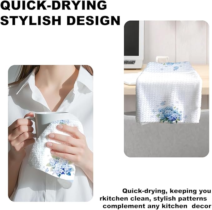 2Pcs Hydrangea Kitchen Towels 24x14 Inch, Spring Summer Flower Waffle Hand Towels for Kitchen Home Decor, White Absorbent Microfiber Dish Cloth Tea Towel, Housewarming Gifts for Women Mom Grandma