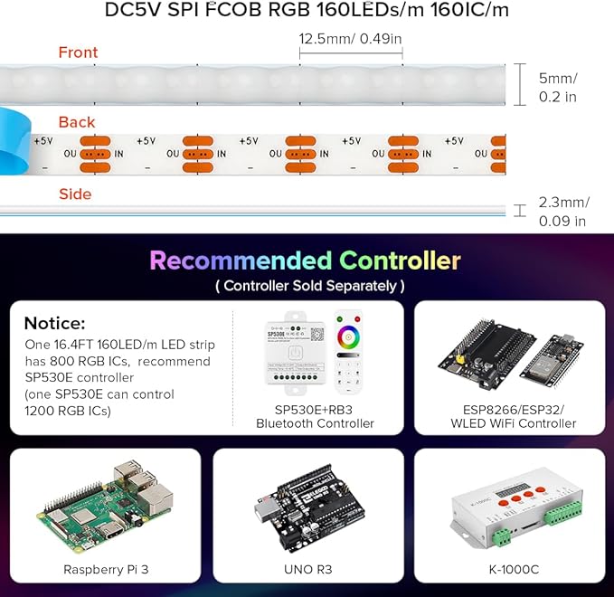 BTF-LIGHTING FCOB COB XGB1338(WS2812B) Individually Addressable IC RGB 160LED/m 800IC LED Strip DC5V 16.4FT 5mm Width Dream Chasing Color High Density Uniform Light(NO Adapter or Controller)