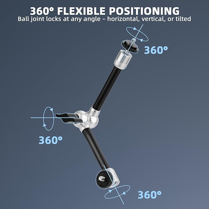 BRDRC Magic Arm Clamp Mount, 9.8" Articulating Extension Arm with 1/4" and 3/8" Thread, with Cold Hot Shoe Adapter, Phone Holder for Tripod DSLR Camera Cage LCD Monitor LED Light Accessories