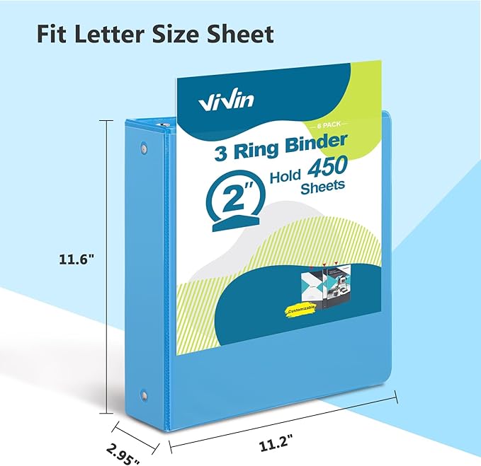 ViVin 2 Inch Round Ring View Binder for Durability, Standard 3 Ring Binder for 450 Sheets of US Letter Size Paper, PVC-Free, 6-Pack (Light Blue)