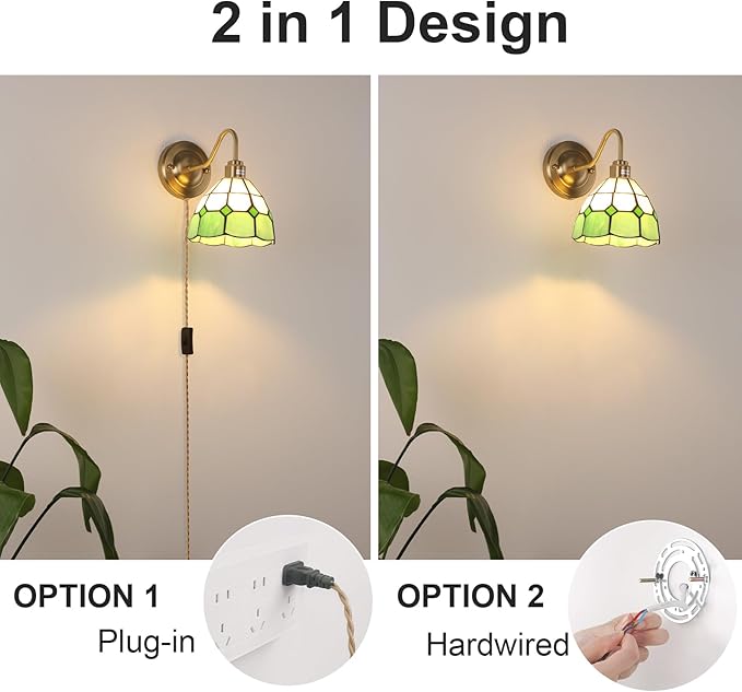 Vintage Wall Sconce, Wall Lamps with Green White Checker Sconce, Stained Glass Shade Brass Wall Lights Fixture with Plug in Cord and Switch for Bedroom Bathroom Living Room Hallway
