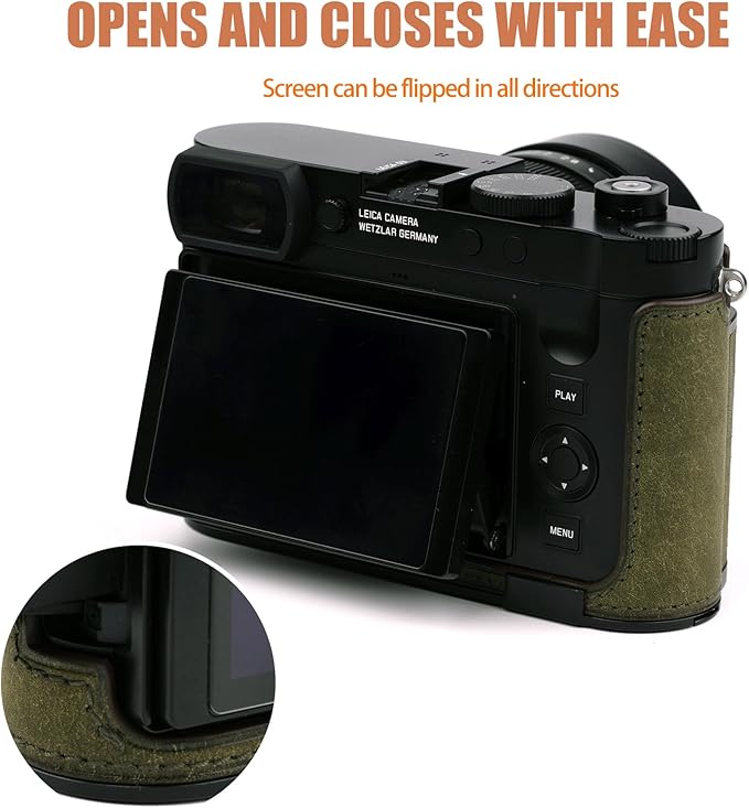 Uchandmade Handmade Genuine Leather Camera Half Case for Q3/For Q3 Camera Case/For Q3 Case - Top Layer Cowhide Body + Metal Base Plate + Hand Shank Design (Dark Green)