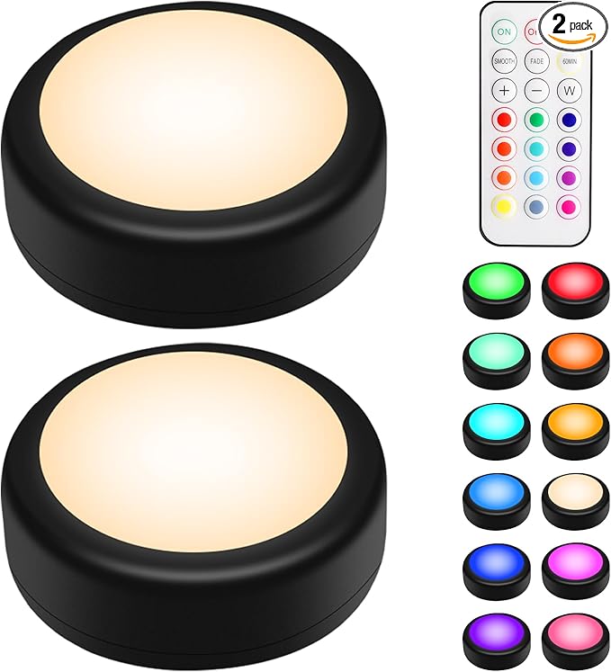 BLS LED Puck Lights with Remote, RGB 13 Color Changing Under Cabinet Lighting Wireless, AA Battery Operated, Tap, Touch, Push Stick on Lights for Closet, Kitchen, Night, Dimmer & Timer, Black, 2 Pack