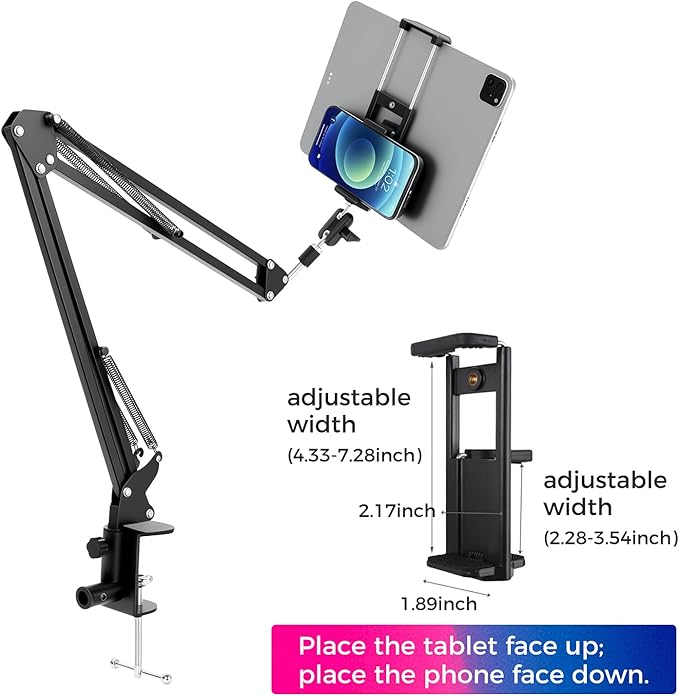 30" Magic Arm Holder w Clamp - Overhead Phone Mount for Desk, Smooth 360° 1/4" & 5/8" Thread Webcam Stand for Phone, Tablet, Webcam, Mic, Camera - Content Creators & Streaming