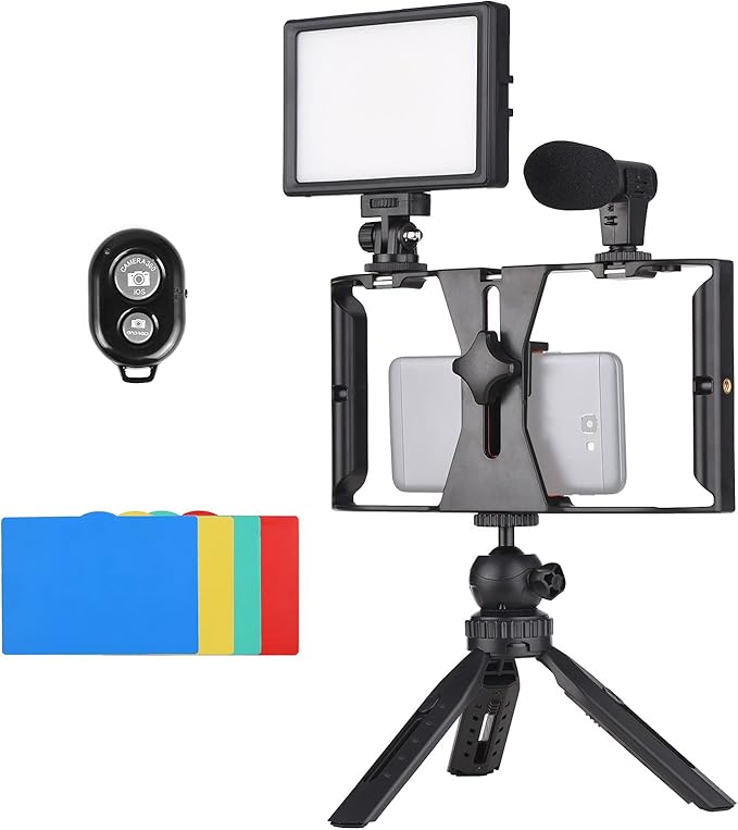 Andoer Smartphone Video Rig Vlog Kit Including Smartphone Cage with Phone Clamp 3 Cold Shoe Mounts USB LED Video Light 3200K-5600K Microphone Desktop Tripod Remote Shutter for Vlog Video Recording