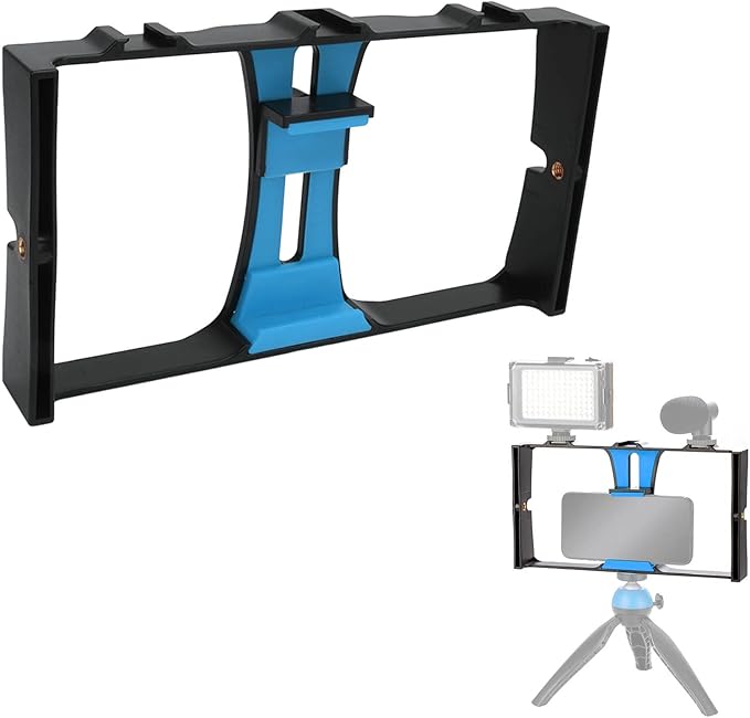 Phone Video Camera Cage, ABS Handheld Smartphone Video Stabilizer Rig, Adjustable Clamp 4.3-10.8cm - Lightweight Durable Design, Multi - Cold Shoe Mounts, Ideal for Livestreami (Blue)