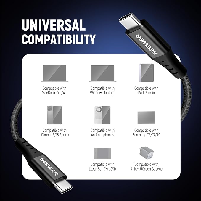 NEEWER 14"/35cm USB C to USB C Cable, USB 3.2 240W PD3.0 Fast Charging 40Gbps Braided Short Charger Cord Compatible with iPhone 16 15 iPad MacBook Android Window Laptop PC, PS010