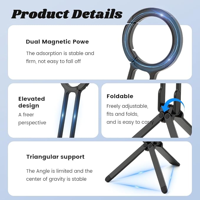 Magnetic Phone Tripod Foldable Aluminum Mini Tripod for i-Phones, Magnetic Pocket Phone Tripods Quick Mount Compatible with Mag-Safe for i-Phones 17/16/15/14/13/12