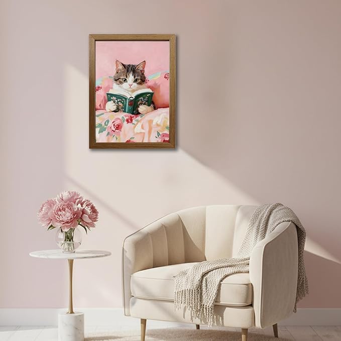 Cat Reading Framed Canvas Wall Art, Cute Cat Poster Paintings Print Picture, Single Panel Wood Frame Artwork Posters Prints for Bedroom Living Room Home Décor Wall Decoration, 16x12in / 24x16in