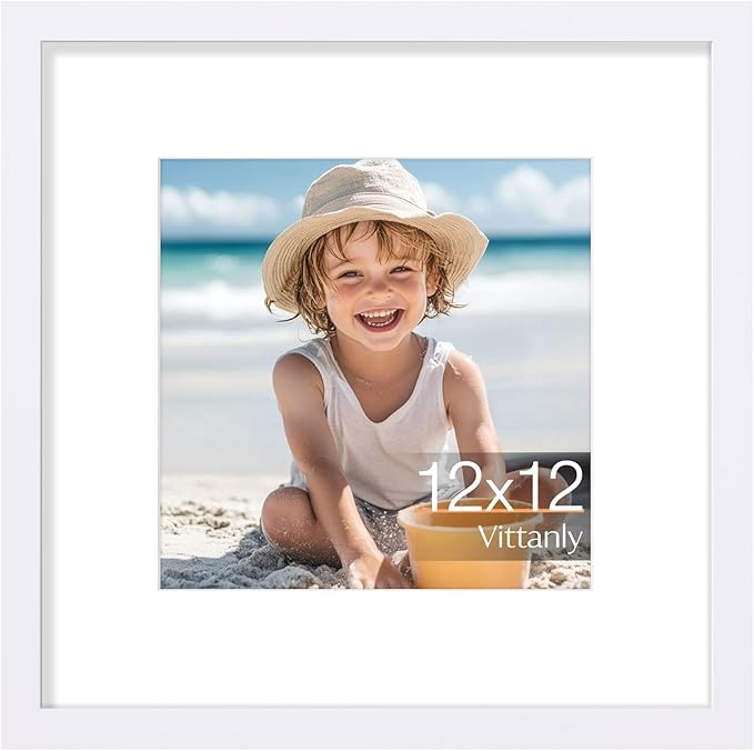 Vittanly 12x12 Picture Frame, Made of Solid Wood and Shatterproof Plexiglass, Display Pictures 8x8 with Mat or 12x12 without Mat, Wooden Photo Frame for Wall Mounting, White, 1 Pack