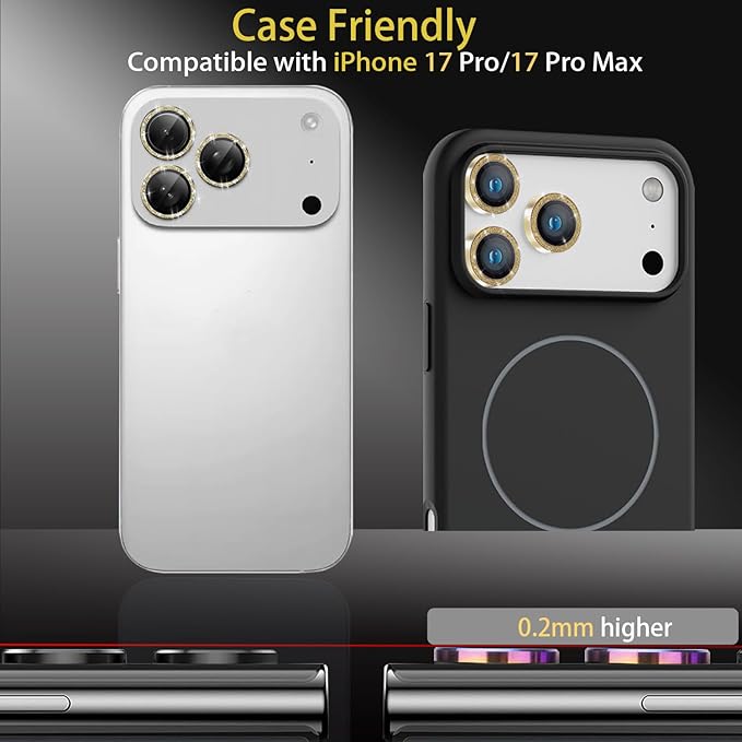 Camera Lens Protector for iPhone 17 Pro/17 Pro Max, Aluminum Alloy Tempered Glass Lens Protector with Installation Frame Fits for iPhone 17 Pro/17 Pro Max (Glitter Gold)