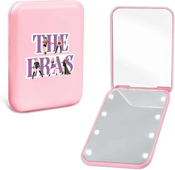 Preppy Travel Compact Mirror with Light for Purses 1X/2X Magnification Mini Led Portable Pocket Makeup Mirror, Pink Christmas Birthday Gift Stocking Stuffers for Women Teen Girls Trendy Stuff
