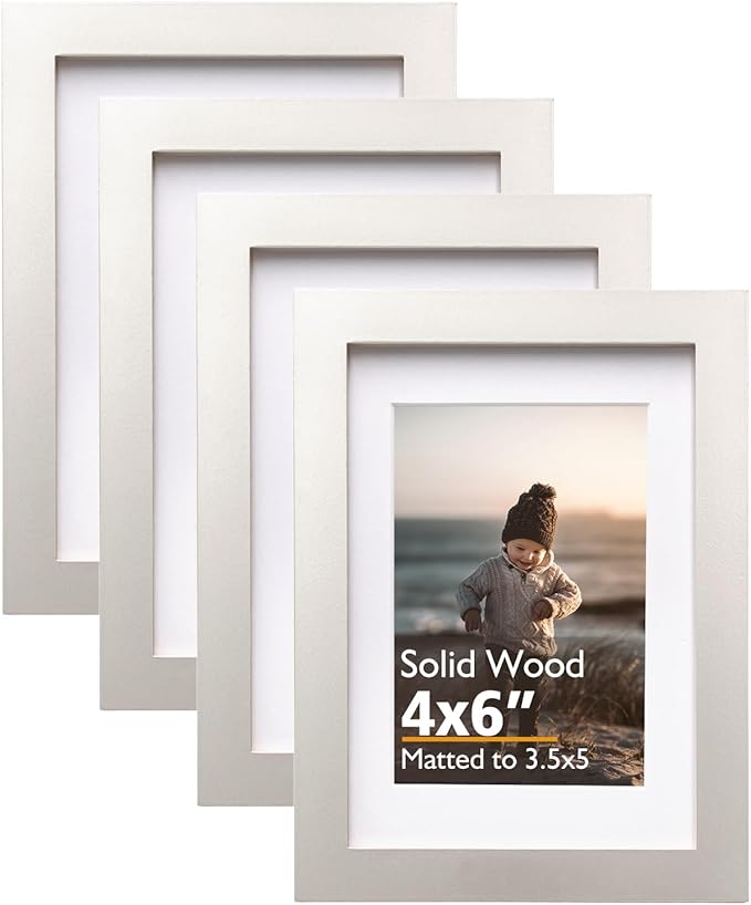 KINLINK 4x6 Frame Light Grey, Solid Wood 4 x 6 Picture Frame with Acrylic Plexiglass for 3.5x5 with Mat, Tabletop and Wall Display Photo Frames 4x6 Grey, 4 Pack