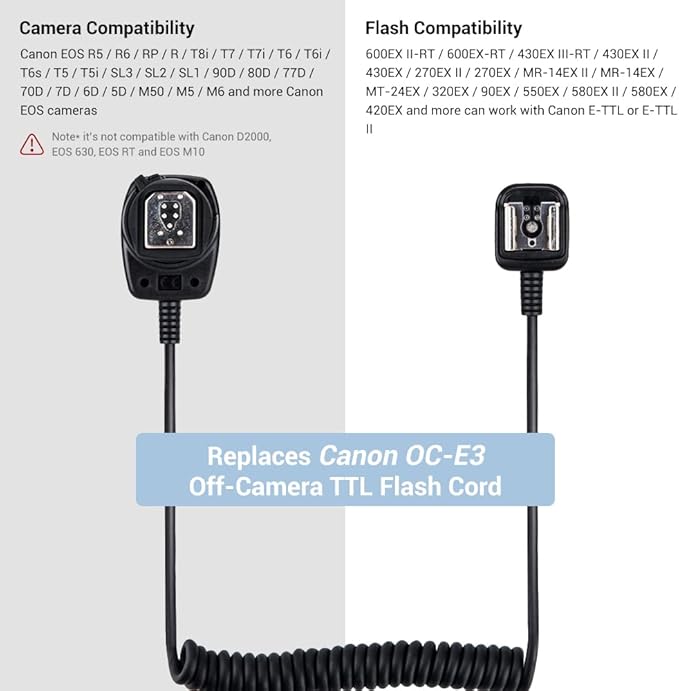 Flash TTL Cord JJC Off-Camera Flash Hot Shoe Cord for Canon R5 R6 RP R T8i T7 T7i T6 T6i T6s T5 T5i SL3 SL2 90D 80D 77D 6D Mark II 5D Mark IV M50 M6,etc Replaces Canon OC-E3 Cord -1.3m
