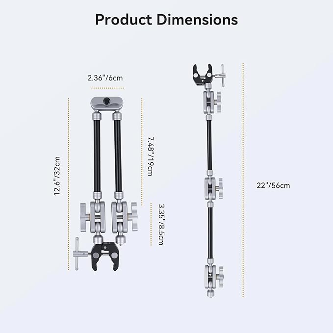 UTEBIT 22" Magic Arm w Clamp Mount, Desk Camera Mount Articulating Friction Boom w Arm 1/4" Thread Adapter, Overhead Desk Phone Mount for Video Light Webcam Microphone Action Camera Content Creators
