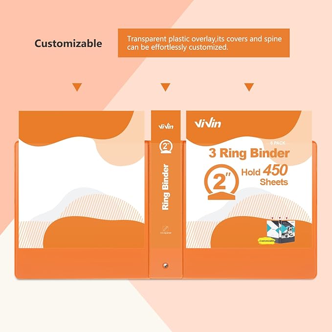 ViVin 2 Inch Round Ring View Binder for Durability, Standard 3 Ring Binder for 450 Sheets of US Letter Size Paper, PVC-Free, 6-Pack (Orange)