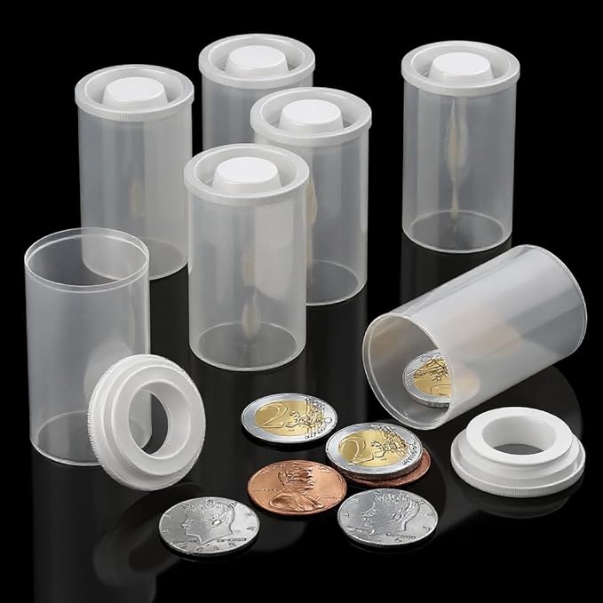 Houseables Film Canisters with Caps, Film Canisters, 35mm Case, Container with Lids, Cannisters for Rockets, Empty Camera Reel Holder, Bottles, Coin Storage, Clear, Plastic, 8oz, 2"x1", 60 Pack, Bulk