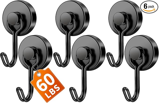 FINDMAG Black Magnetic Hooks, 60 LB+ Magnetic Hooks Heavy Duty 2026 Cruise Ship Essentials, Stong Neodymium Magnet Hooks for Refrigerator, Workplace, Curtain, Locker Accessories, Home - 6 Pack