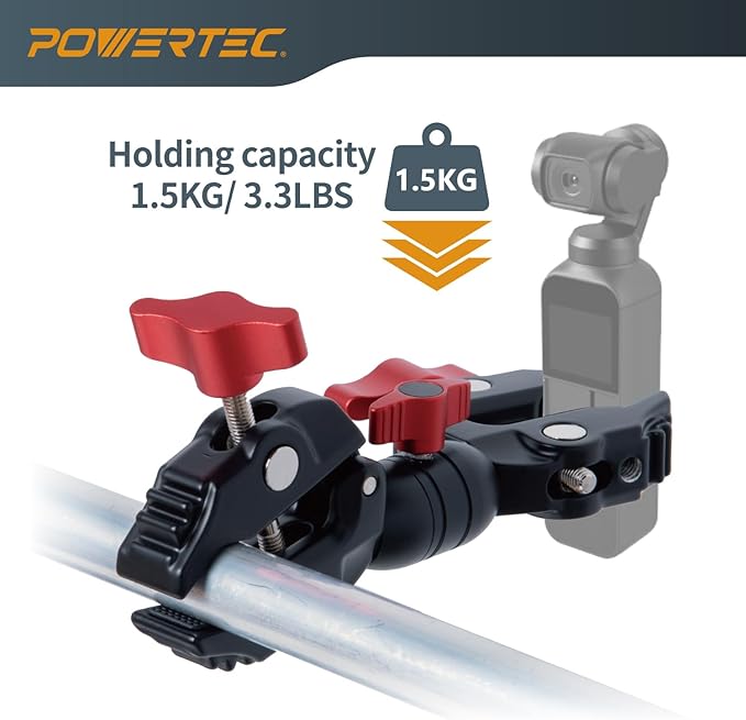 POWERTEC Double Super Clamp Camera Mount with Two 1/4"-20 Mounting Holes for Magic Arm, Desk, Umbrella, Bike, Photography Lighting, Softbox (71924)