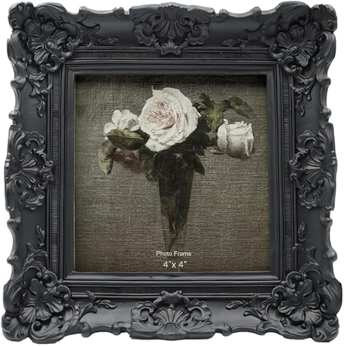 CISOO 4x4 Vintage Small Picture Frame, Antique Ornate Black Square Photo Frame, for Table Top and Wall Display, Decorative Floral Design Retro Home Decor, Photo Gallery Art