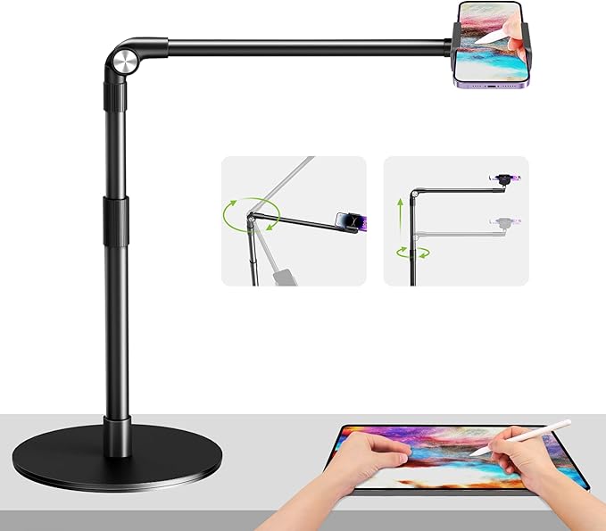 elitehood Heavy Duty Aluminum Overhead Phone Stand, 15 in Long Arm iPhone Holder for Video Recording, 360 Degrees Swivel Tilt Overhead Phone Mount for Filming, Meeting, Cooking, Painting and Crafting
