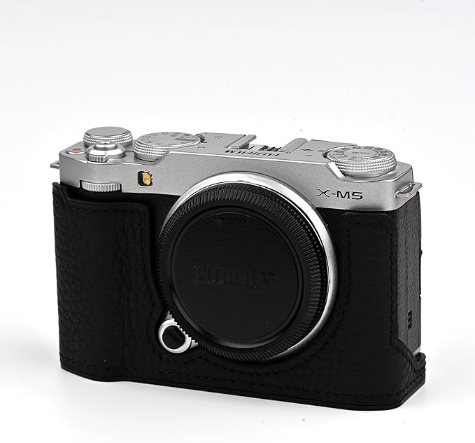 Uchandmade Handmade Genuine Leather Camera Half Case for Fujifilm X-M5/Fujifilm X-M5 Camera Case/Fujifilm X-M5 Case - Top Layer Cowhide Body + Metal Base Plate (Black)