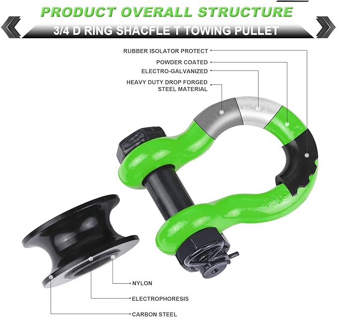 Upgraded Snatch Block, 3/4" D Ring Shackle (2 Pack) 22,000lb Break Strength with Towing Pulley, Heavy Duty Offroad Recovery Accessory for Truck, Tractor, ATV & UTV (Green)