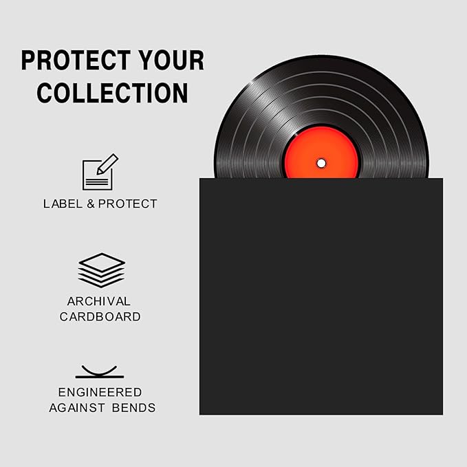 20PCS Black 12-Inch LP Vinyl Record Jackets, 350gsm Cardboard Sleeves with No Center Hole, Blank Album Covers for 33 RPM Storage & Protection, Thick LP Jackets for Record Storage