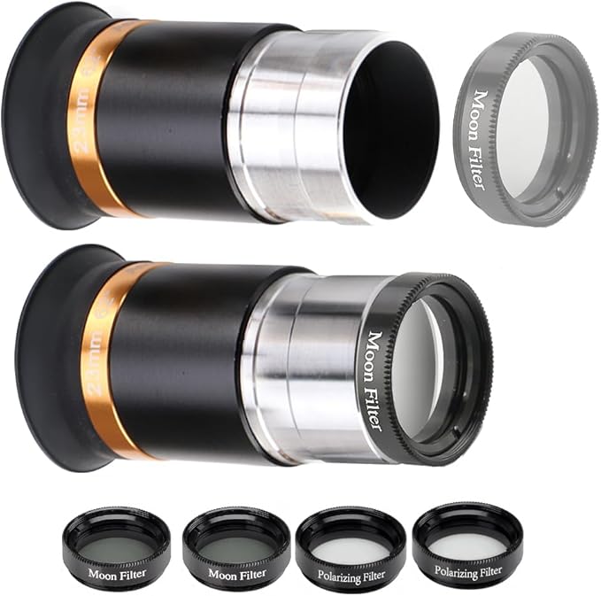 Starboosa 62° Aspheric Eyepiece Set, 1.25" (23mm/10mm/4mm) with 5X Barlow & 4 Filters (2 Polarizing, 2 Moon) — Multi-Coated Optics — Soft Fold-Down Eyecups — Fits Most Telescopes