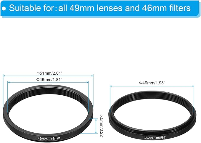 PATIKIL 49mm-46mm Metal Step Down Ring, Camera Lens Filter Adapter Ring Aluminum Filter Adapter Ring for Camera Lenses Hood, Black