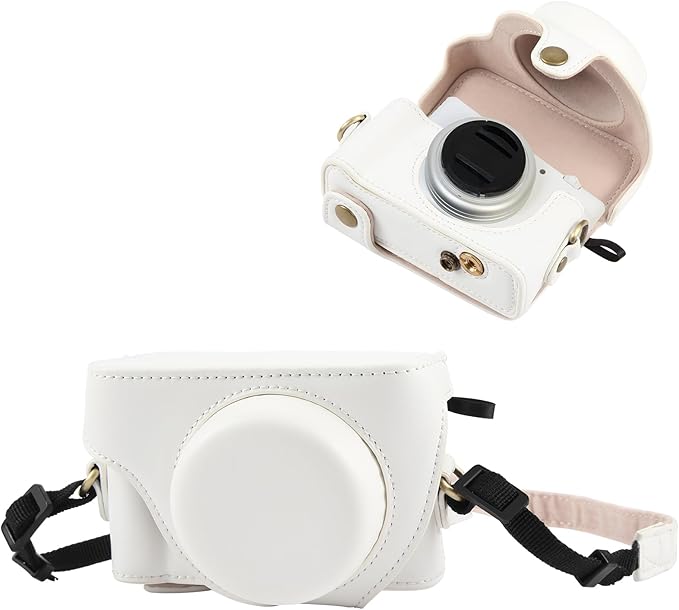 PULUZ Digital Camera Case for Sony ZV-1F Vlog Camera,Full Body Leather Camera Bag with Sony ZV-1F Case Shoulder Strap-Travel Protective Carrying Storage Bag (White)