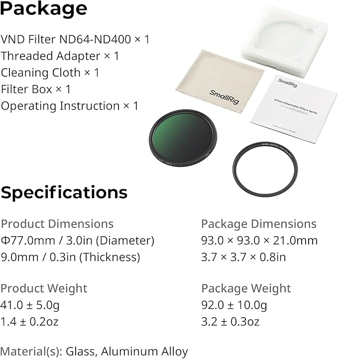 SmallRig Magnetic 67mm VND Filter ND64-ND400 (6-9 Stop), Adjustable ND Filter for iPhone 16 / S24 Ultra/for Vivo X100 & 67mm Camera Lenses, No X Cross HD Optical Glass, with Threaded Adapter - 5169