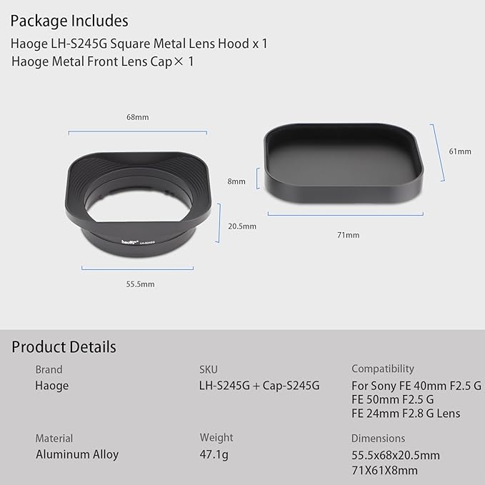 Haoge LH-S245G Metal Bayonet Square Lens Hood for Sony FE 40mm F2.5 G FE 50mm F2.5 G FE 24mm F2.8 G Lens, RX1RIII RX1R RX1RII rx1m2 rx1 R iii m3 Camera Shade with Cap on Sony A7CII A7R4 5
